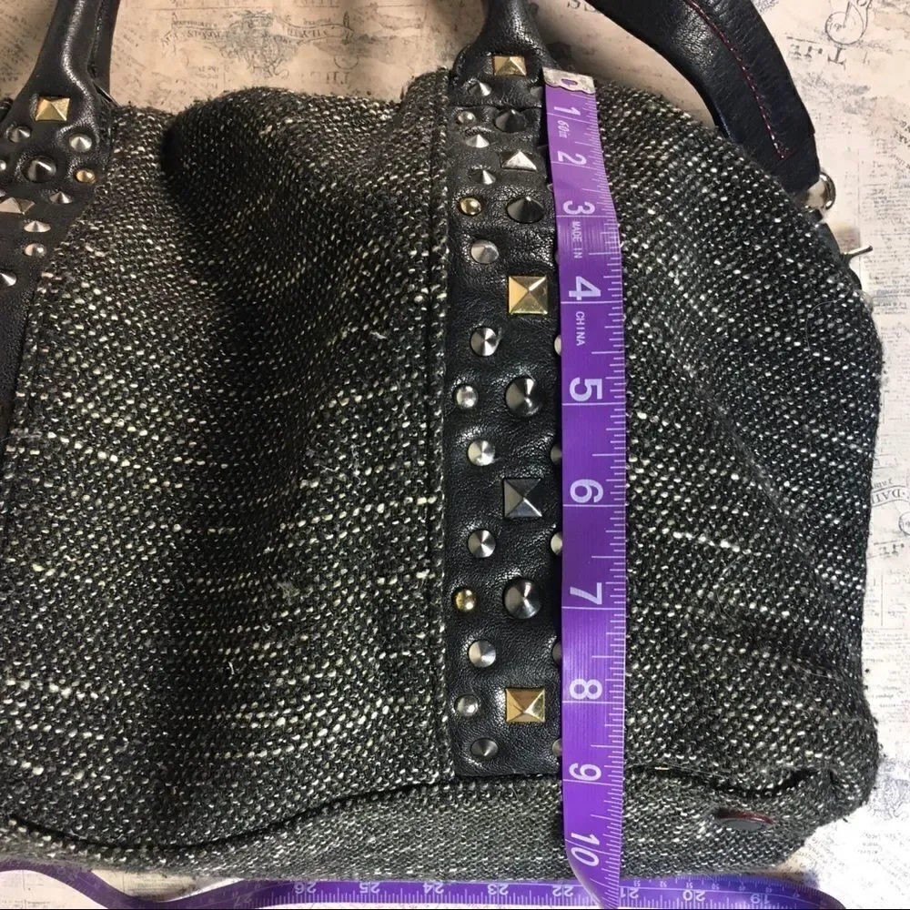 MZ Wallace Lillian Draper Tweed Satchel Leather Trim Studded Shoulder Bag